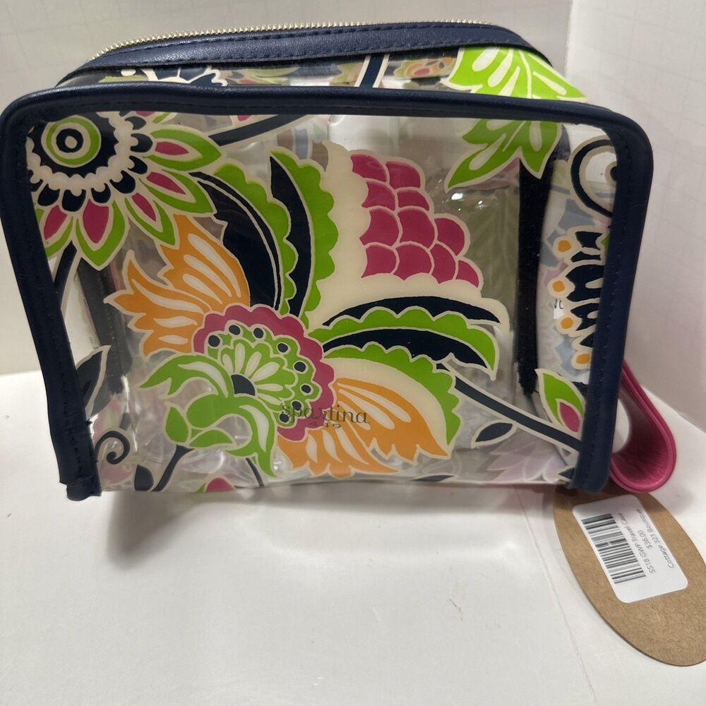 New Spartina 449 Clear Bright Color Floral Cosmetic Makeup Kit Leather Strap Zi